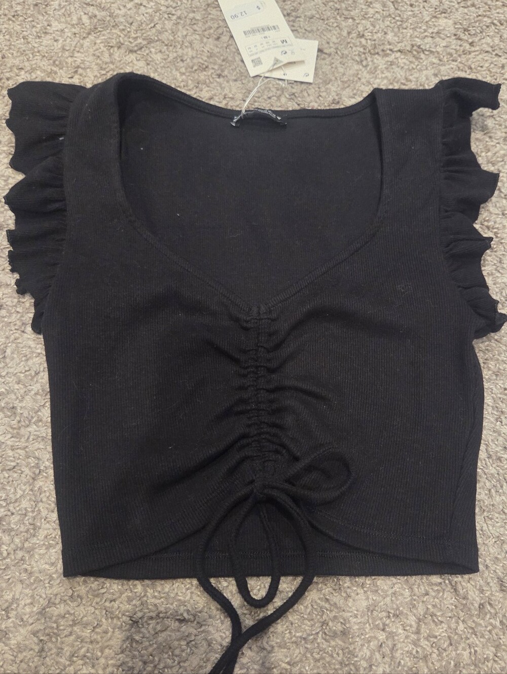 Zara Black Ruched Tie-Front Ruffle Sleeve Crop Top